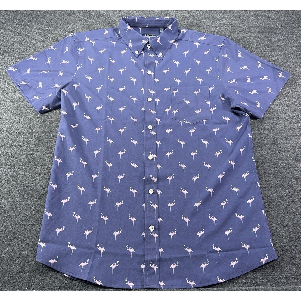 Izod Short Sleeve Flamingo Button Down Shirt Men's Large Performance